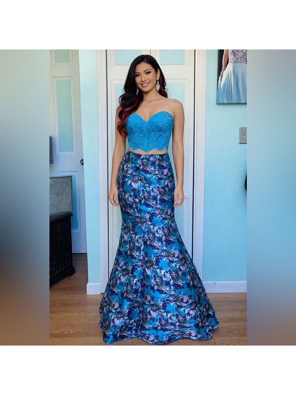 Size 4 Ellie Wilde Floral Blue 2 piece Prom dress Mermaid Bustier Corset bodice